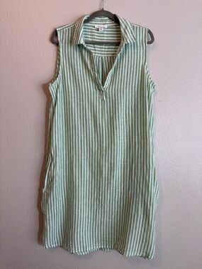 BeachLunchLounge XL Linen Blend Green White Stripe Sleeveless Dress Coastal